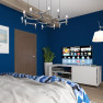 Спальня в морском стиле с ярко-синими стенами.